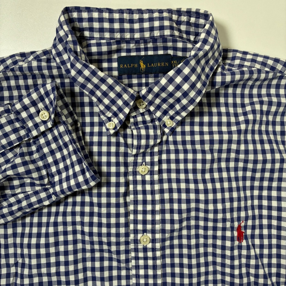 Ralph Lauren Button Down Shirt 2XL Blue Gingham Check Long Sleeve Pony